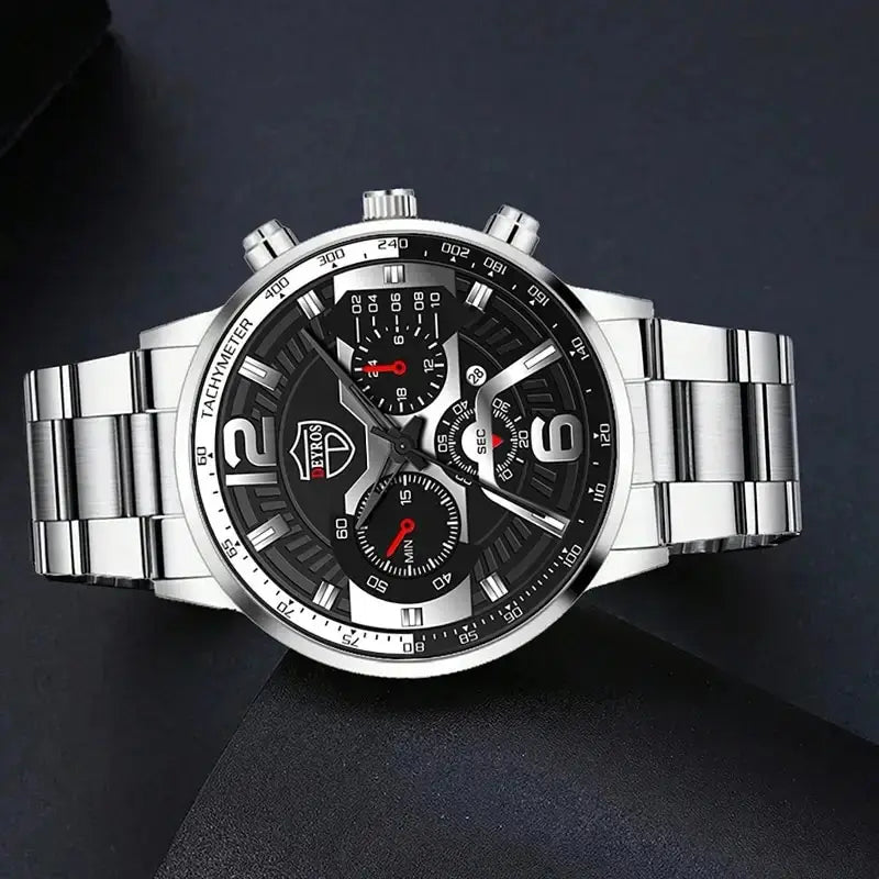 5PCS Set  Fashion Mens Calendar Watches Men Business Stainless Steel Quartz Wristwatch Male Casual Necklace Bracelet Watch