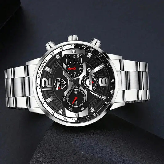 5PCS Set  Fashion Mens Calendar Watches Men Business Stainless Steel Quartz Wristwatch Male Casual Necklace Bracelet Watch
