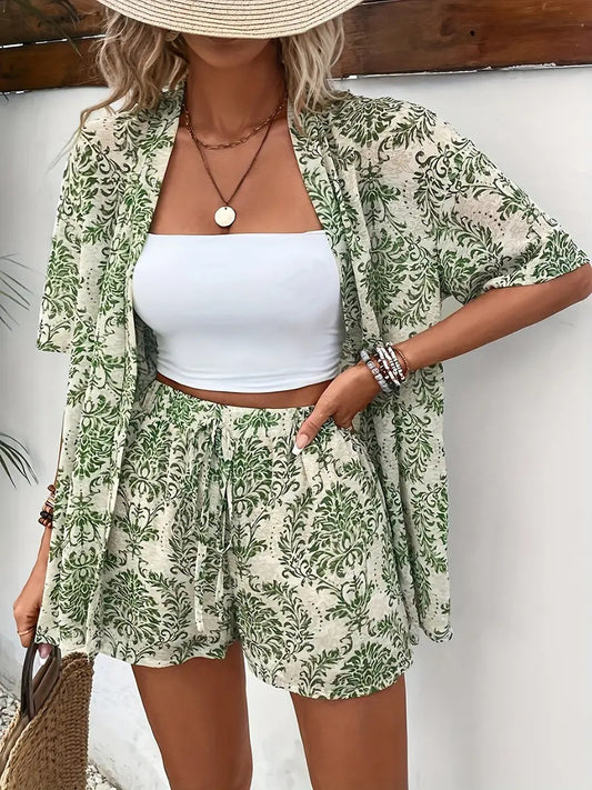 Women holiday Floral Print Elegant Two-piece Shirt Short Sleeve Top Drawstring High Waist Shorts