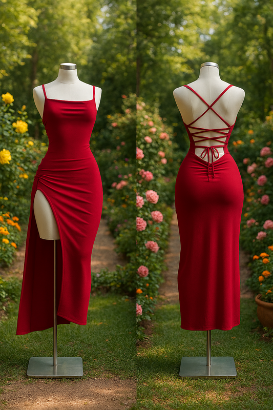 Women Backless High Split Maxi Party Dress Solid Color Spaghetti Strap Bandage Slit Long Dress